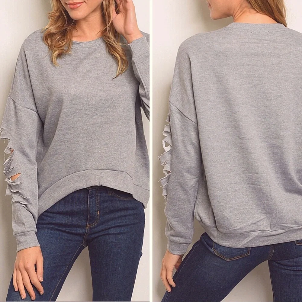 Unique Find Hi-Lo Hem Sweatshirt Top Ripped Sleeves S M L Heather Grey Crewneck - Picture 15 of 16